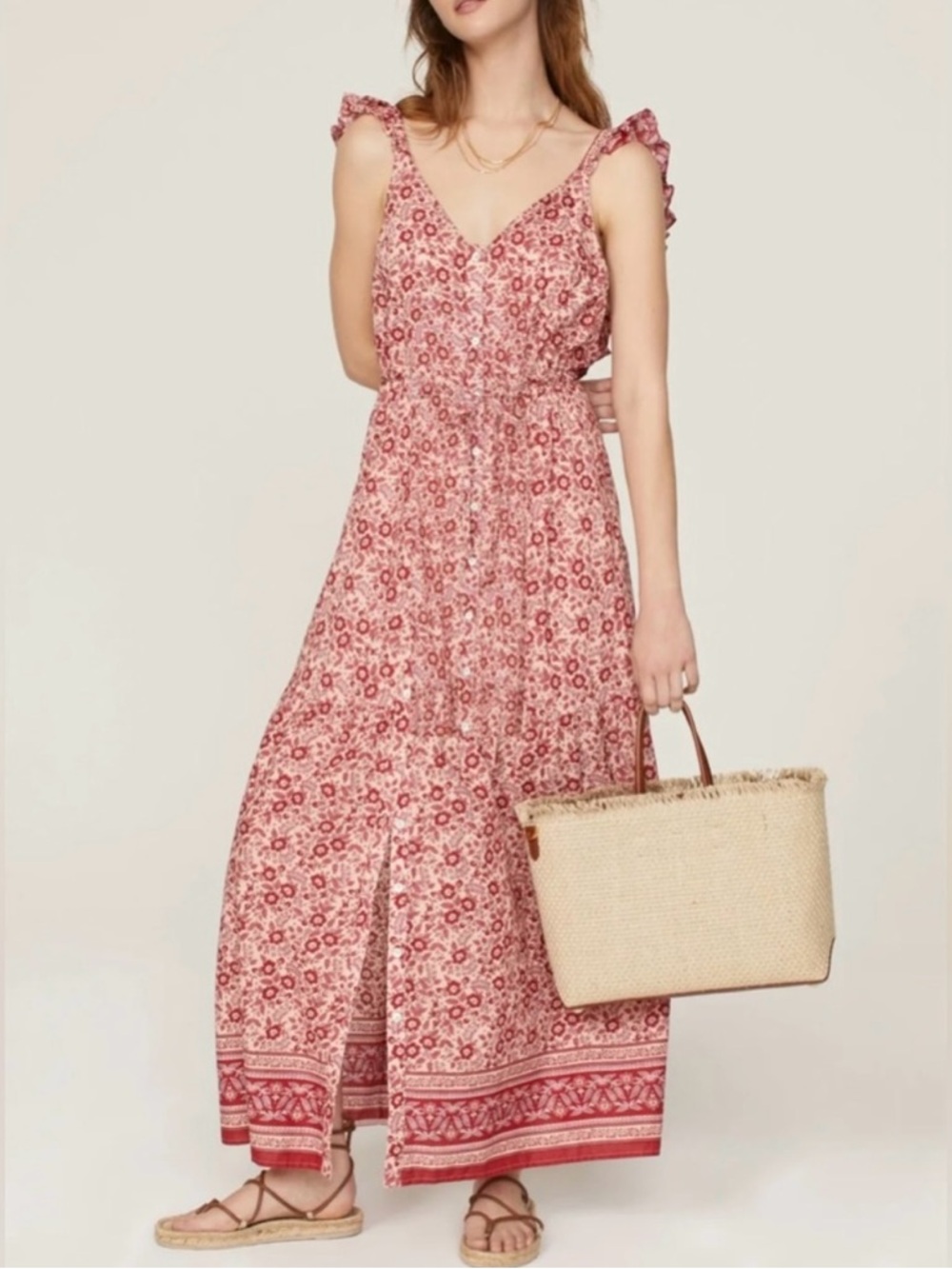 Organic Faherty Pink Hyland Floral Maxi Summer Dress with Ruffled Straps.Size XL